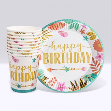 Happy Birthday Paper Cup & Plate Set (Nature)
