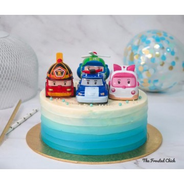 Ombre Blue Cake + Robocar Poli toy set (Expedited, SELF ASSEMBLE series)