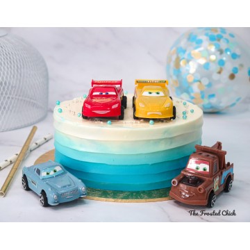 Ombre Blue Cake + Cars Lightning Mcqueen toy set (Expedited, SELF ASSEMBLE series)